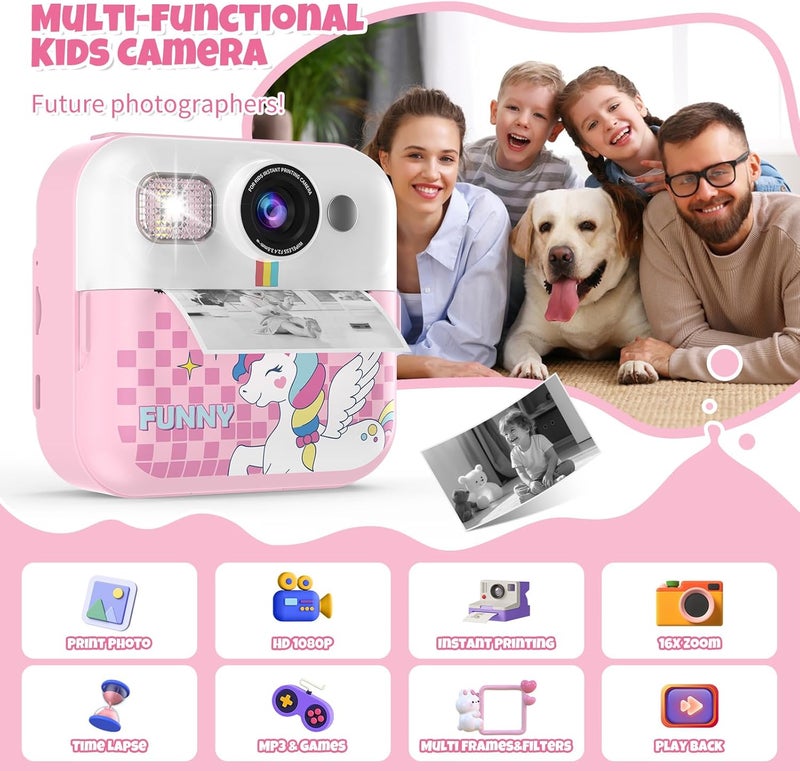 BOFIDAR Instant Print Camera for Kids, 1080P Children Printable Cameras Christmas Birthday Gifts for Girls Age 3-10, Toddler Toy for 3 4 5 6 7 8 9 10 Year Old with 3 Roller Photo Paper (Pink) - Image 2